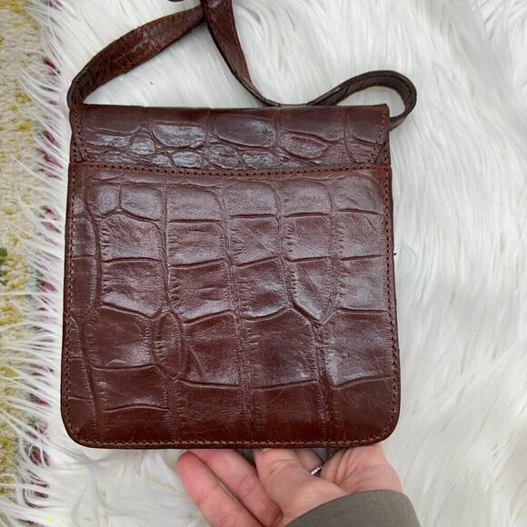 Vintage Nine West Neutral Brown Faux Leather Croc Fold Over Mini Bag Purse - Picture 4 of 9